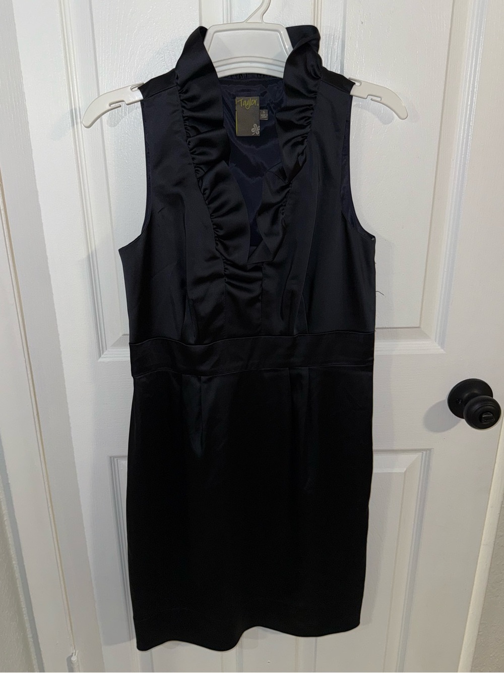 Taylor Black Sleeveless Ruffle V-Neck Sheath Dress
